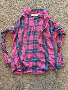 Kittenish Pink and Blue Plaid Girls' Button-Down Shirt